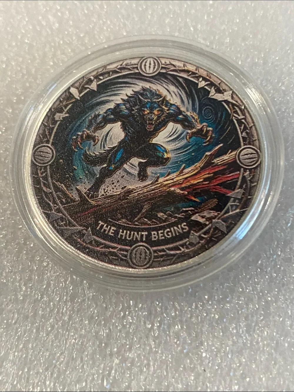 Call of the Wild Decorative Coin - Werewolf Design, Silver & Blue Accents